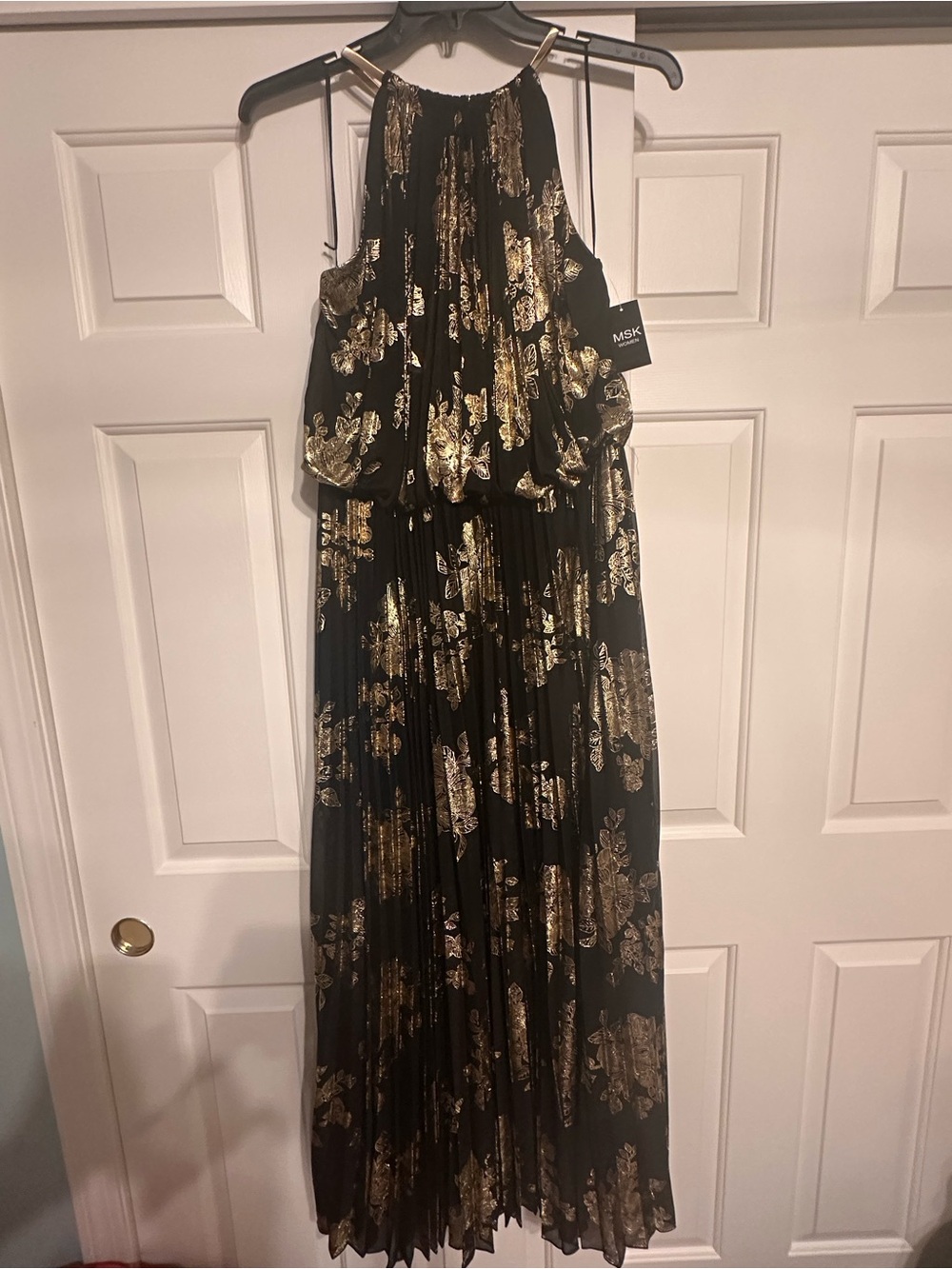 BCBG Black Maxi Dress with Gold Floral Foil